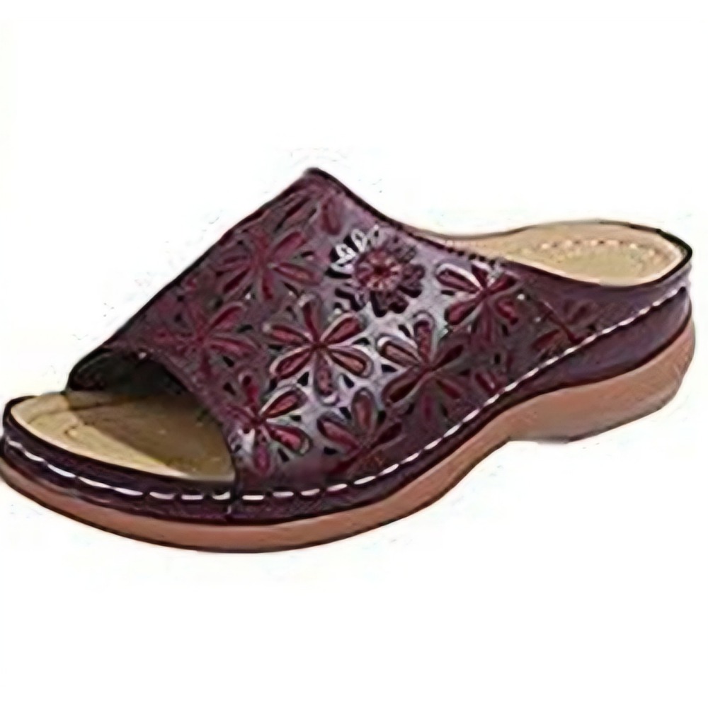Womens Open Toe‎ Floral Cutout Wedge Sandals Burgundy Comfort Slides Size Medium